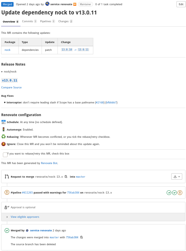 screenshot of a Renovate created GitLab Merge Request