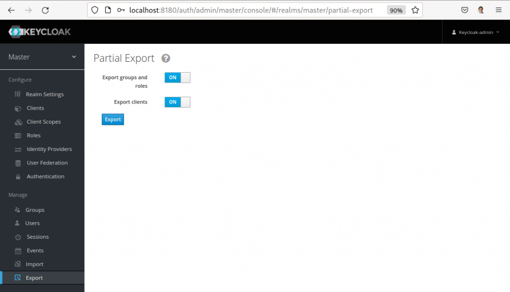 Keycloak administrative interface showing the export function